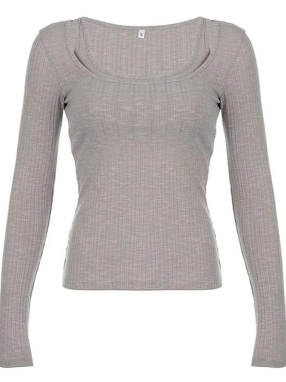 Grey Ribbed 2PCS Long Sleeve Shirt