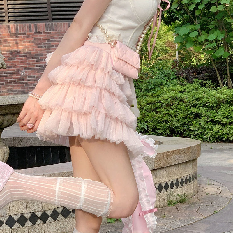 Sweet Bow Ruffle Layer Bandage A-Line Skirt