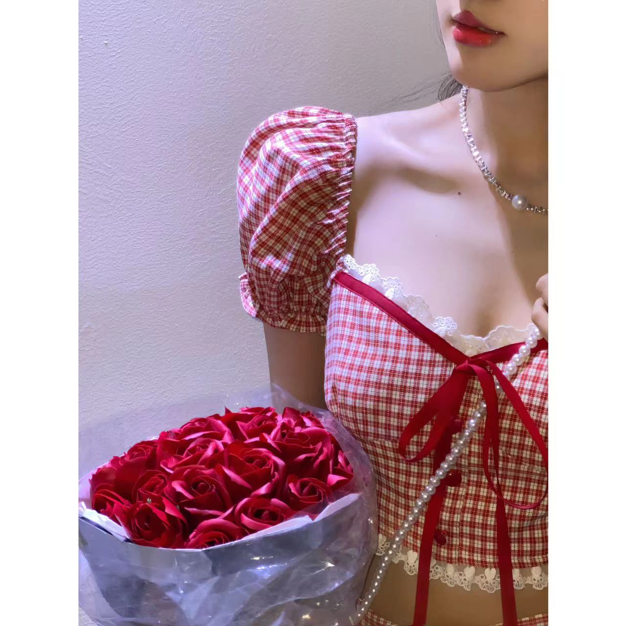 2PCS Red Plaid Crop Top + Mini Skirt