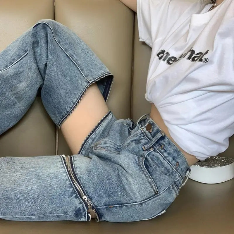 Zipper High Waist Denim Jeans
