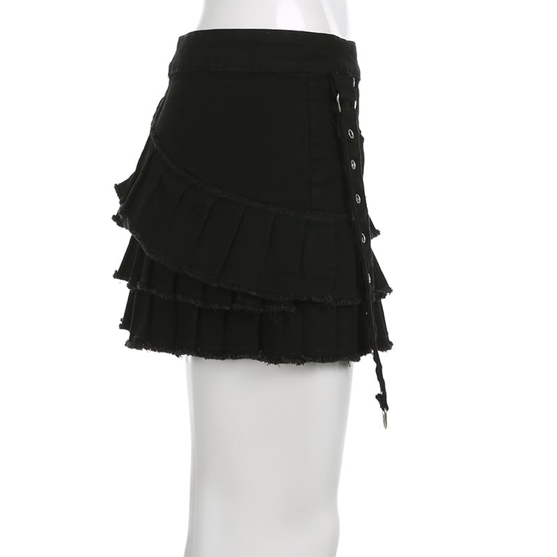 Black Denim Pleated Low Waist Irregular Mini Skirt