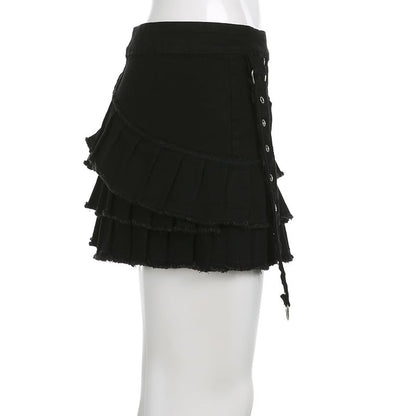 Black Denim Pleated Low Waist Irregular Mini Skirt