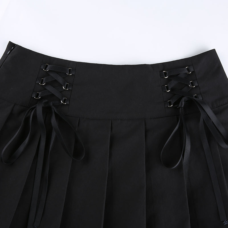 Black Bow Lace Up Pleated Mini Skirt