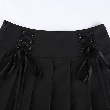Black Bow Lace Up Pleated Mini Skirt