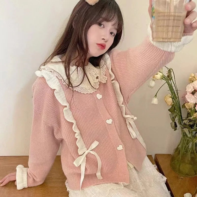 Pink Lace Up Ruffle Sweater