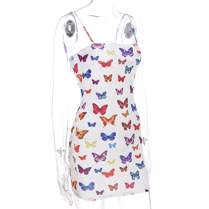 Cute Colorful Rainbow Butterfly Spaghetti Strap Bodycon Mini Dress Party E-Girl Kawaii Korean Japanese Harajuku Chinese Retro Streetwear Aesthetic