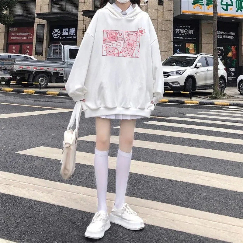 Pink Bear Cartoon Print Hoodie