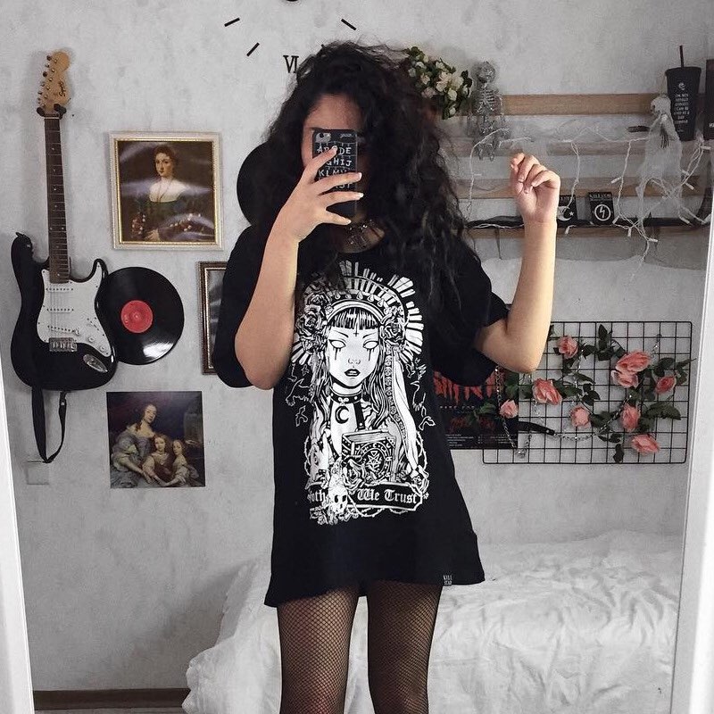 Cute Black Witch Anime Girl Cartoon Print Hoodie Sweater Sweatshirt Pullover Shirt Goth Punk E-Girl Kawaii Korean Japanese Harajuku Streetwear