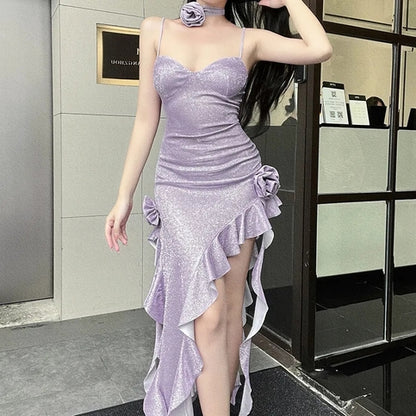 Purple Glitter Flower Frill Split Midi Dress