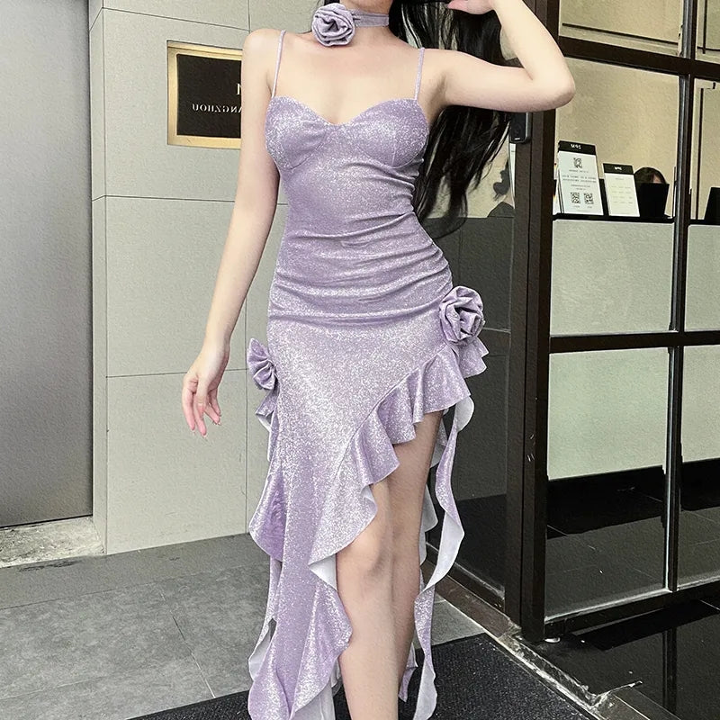 Purple Glitter Flower Frill Split Midi Dress