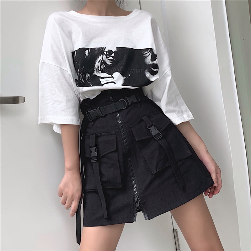 Cute Goth Punk High Waist Belt Skirt E-Girl Kawaii Korean Japanese Harajuku Chinese Retro Streetwear Aesthetic