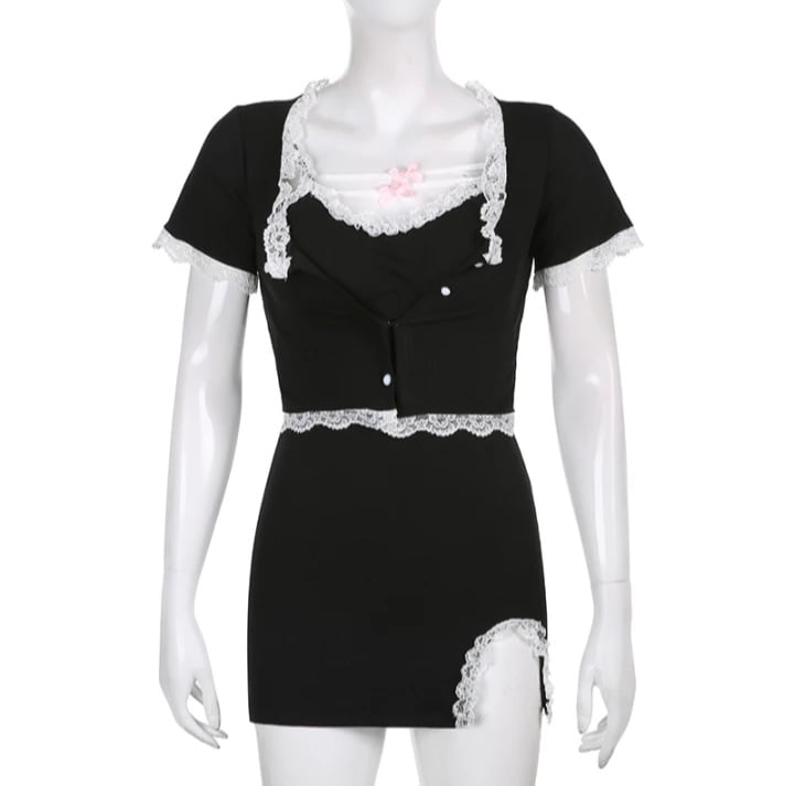 Cute Sweet Sexy 2pcs Lace Trim Split Dress Set + Short Sleeve Cardigan Crop Top Aesthetic Casual E-Girl Kawaii Korean Japanese Harajuku