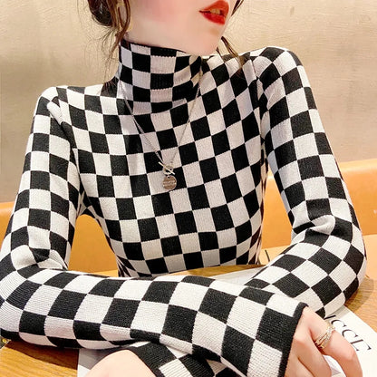 Black & White Checkered Turtleneck Long Sleeve Shirt