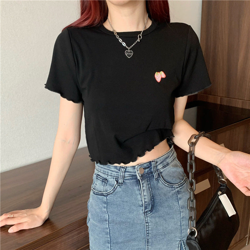 Strawberry Embroidery Ruffle Short Sleeve Shirt