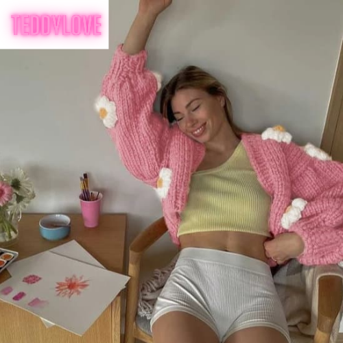 Cute Pink Daisy Flower Knit Crochet Loose Cardigan Long Sleeve V Neck Sweater Aesthetic E-Girl Kawaii Korean Japanese Harajuku