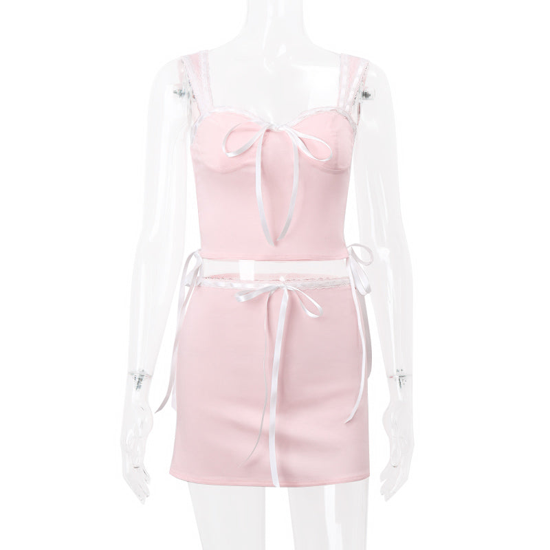2PCS Sweet Pink Bow Sleeveless Lace Top + Skirt
