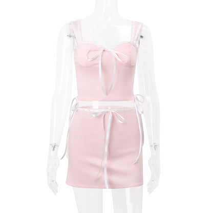 2PCS Sweet Pink Bow Sleeveless Lace Top + Skirt