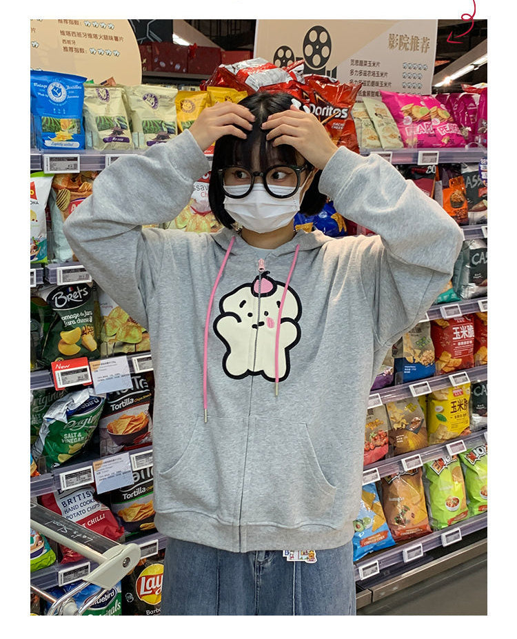 Bear Graphic Print Zipper Hoodie