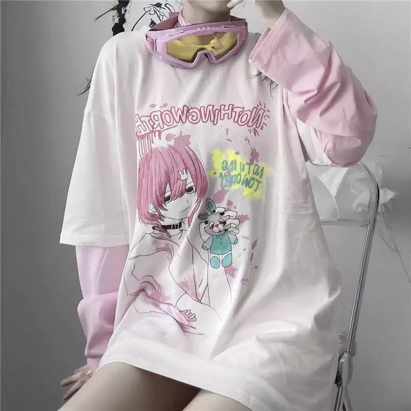 Goth Anime Girl Cartoon Print Loose Casual Sweatshirt Sweater Long Sleeve Shirt Pullover Jumper E-Girl Kawaii Korean Japanese Harajuku Streetwear