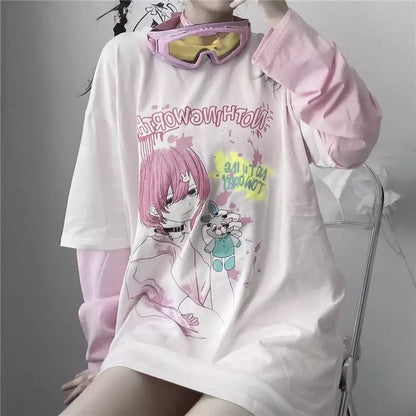 Goth Anime Girl Cartoon Print Loose Casual Sweatshirt Sweater Long Sleeve Shirt Pullover Jumper E-Girl Kawaii Korean Japanese Harajuku Streetwear