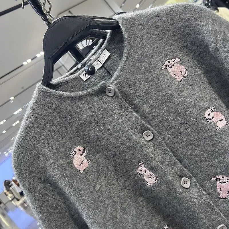 Grey Rabbit Embroidery Knit Cardigan