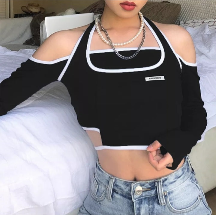 Blue Patchwork Halter Off Shoulder Hollow Crop Top Long Sleeve T-shirt Streetwear Summer Aesthetic Casual E-Girl Kawaii Korean Japanese Harajuku