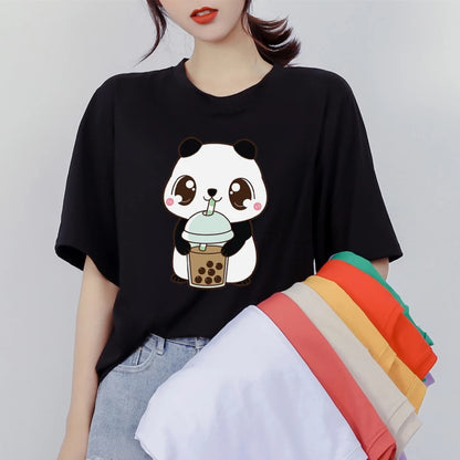 Cute Panda Bear Boba Bubble Milk Tea Graphic Cartoon Print Loose Short Sleeve T-shirt Aesthetic Casual Summer E-Girl Kawaii Korean Japanese Harajuku