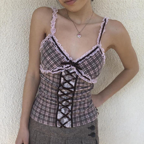 Pink Plaid Lace Patchwork Camisole