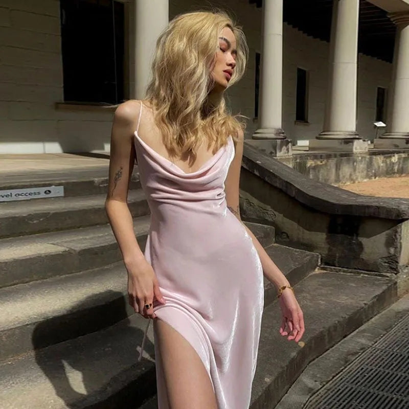 Pink Satin Low Cut Halter Maxi Dress