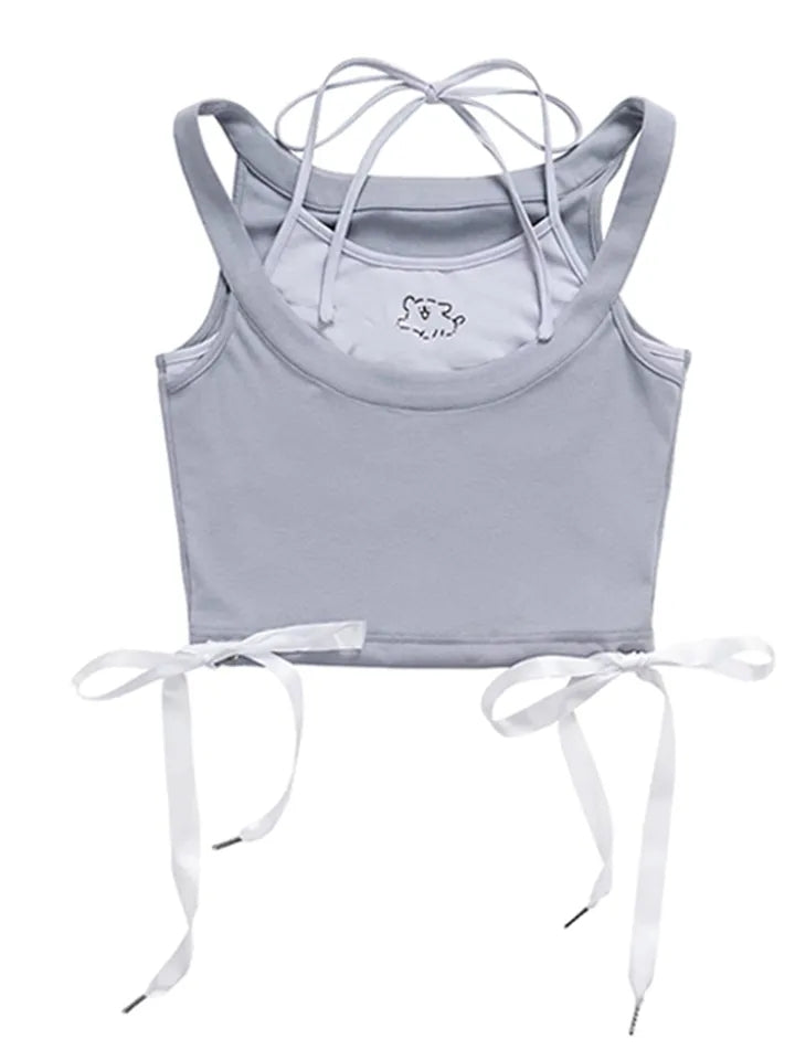 2PCS Dog Print Bow Tie Halter Top