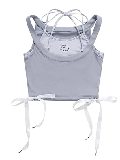 2PCS Dog Print Bow Tie Halter Top