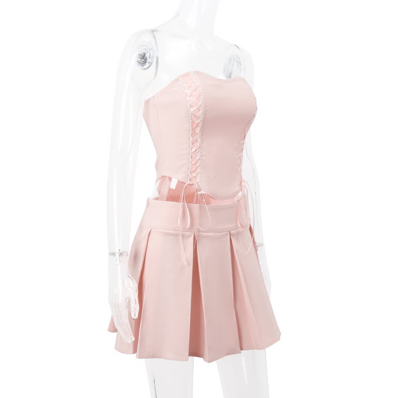 2PCS Pink Side Cross Strapless Top + Pleated Mini Skirt