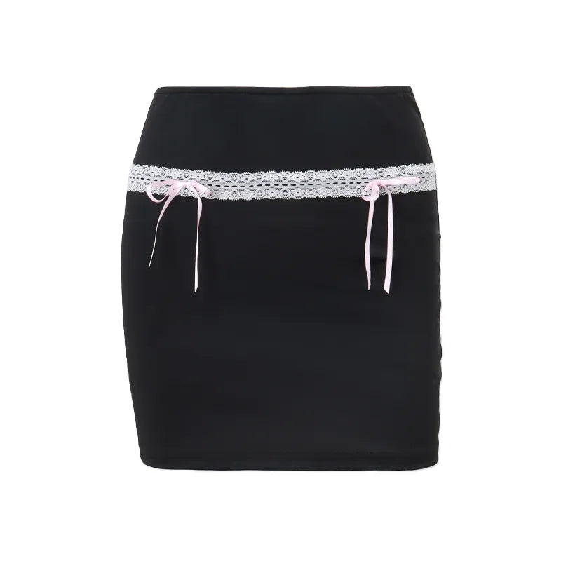 Black Bow Lace Trim High Waist Mini Skirt