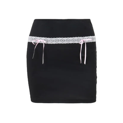 Black Bow Lace Trim High Waist Mini Skirt