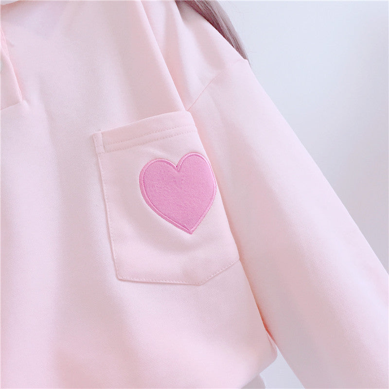 Cute Heart Embroidery Pocket Oversized Sweater Long Sleeve Shirt Pullover Hoodie Sweatshirt E-Girl Kawaii Korean Japanese Harajuku Retro Streetwear