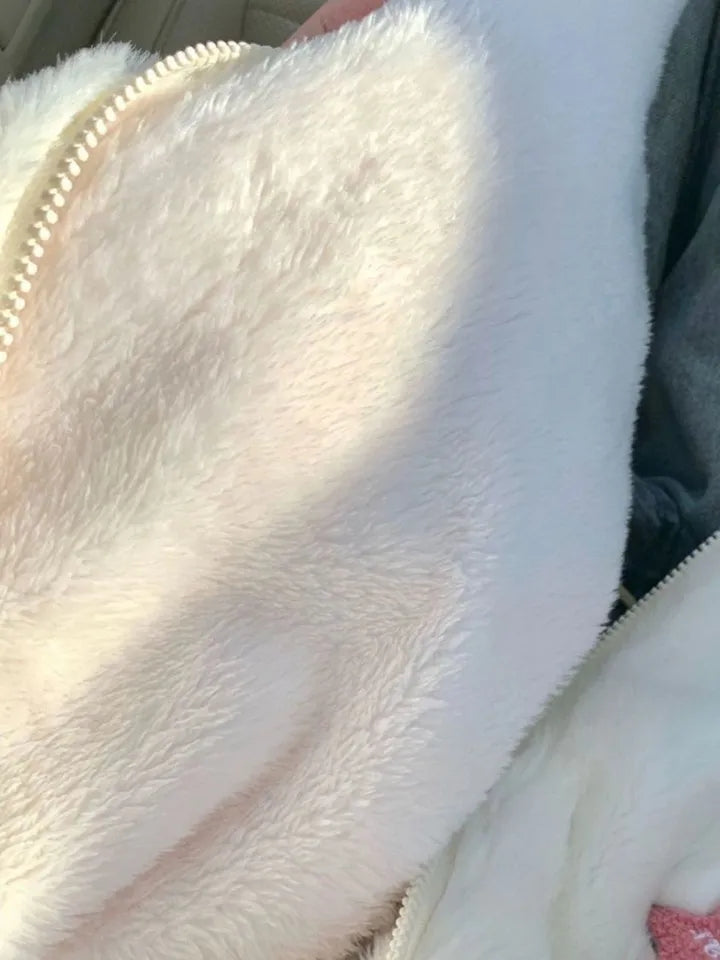 White Embroidery Zip Up Fluffy Fleece Jacket