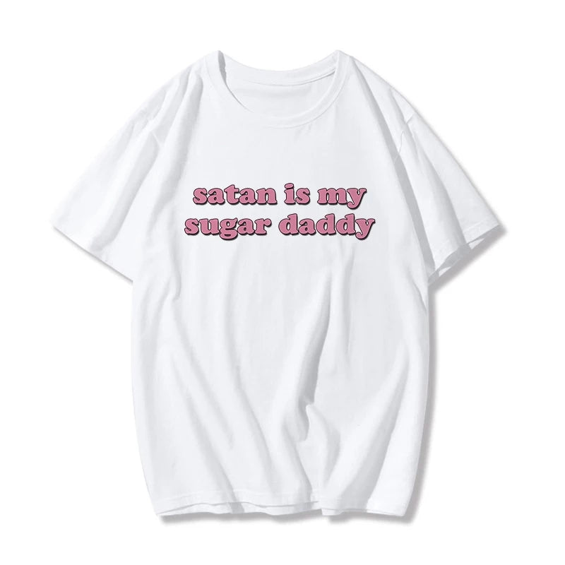 Cute Black Satan Sugar Daddy Print Short Sleeve T-shirt Goth Punk Aesthetic Casual Summer E-Girl Kawaii Korean Japanese Harajuku
