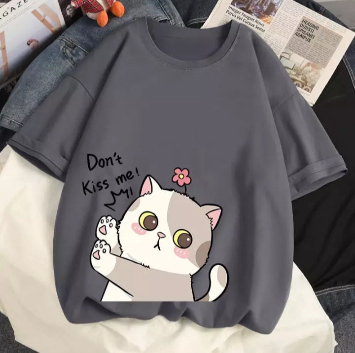 Cute Cat Kitten Don't Kiss Me Graphic Cartoon Print Loose Short Sleeve T-shirt Aesthetic Casual Summer E-Girl Kawaii Korean Japanese Harajuku