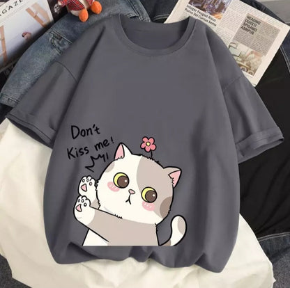 Cute Cat Kitten Don't Kiss Me Graphic Cartoon Print Loose Short Sleeve T-shirt Aesthetic Casual Summer E-Girl Kawaii Korean Japanese Harajuku