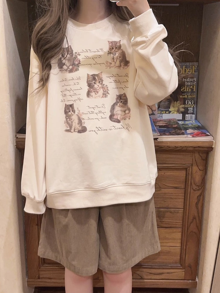 Cat Letter Print Loose Sweatshirt
