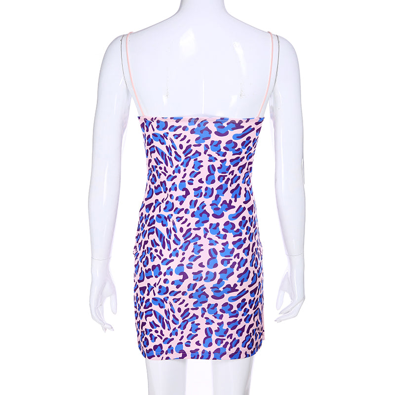 Cute Purple Leopard Spaghetti Strap Backless Mini Dress Party E-Girl Kawaii Korean Japanese Harajuku Chinese Retro Streetwear Aesthetic
