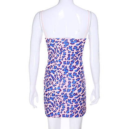 Cute Purple Leopard Spaghetti Strap Backless Mini Dress Party E-Girl Kawaii Korean Japanese Harajuku Chinese Retro Streetwear Aesthetic