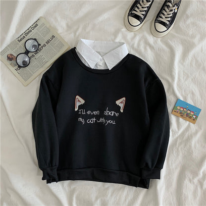 Cute Cat Kitten Print Polo Collar 2 Pcs Sweatshirt Sweater Pullover Jumper Long Sleeve Shirt Casual E-Girl Kawaii Korean Japanese Harajuku Streetwear