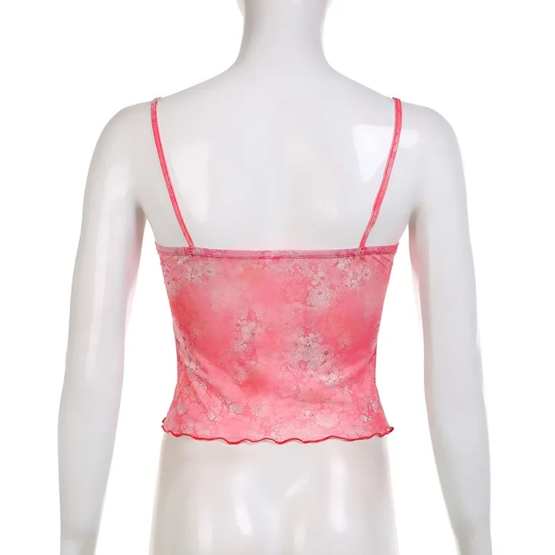 Pink Floral Mesh Sheer V-Neck Crop Top