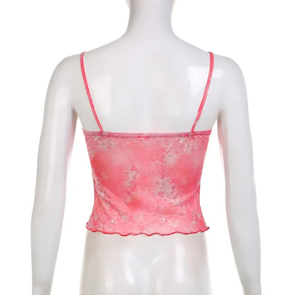 Pink Floral Mesh Sheer V-Neck Crop Top