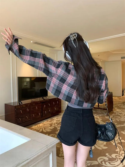 Pink & Black Plaid Cropped Long Sleeve Shirt