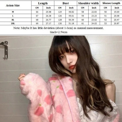 Cute Sweet Pink Peach Plush Oversized Thick Warm Jacket Zipper Hoodie Sweater Winter Autumn Aesthetic Casual E-Girl Kawaii Korean Japanese Harajuku