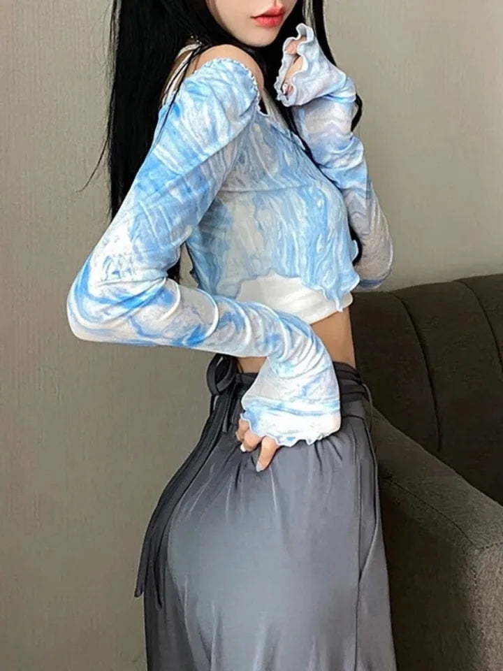 Blue Tie Dye Mesh Crop Top