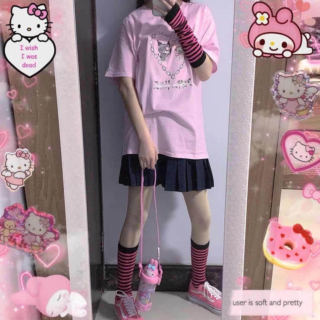 Cute Pastel Pink Anime Cartoon Print Rabbit Letter Short Sleeve Shirt T-shirt Top E-Girl Kawaii Korean Japanese Harajuku Streetwear