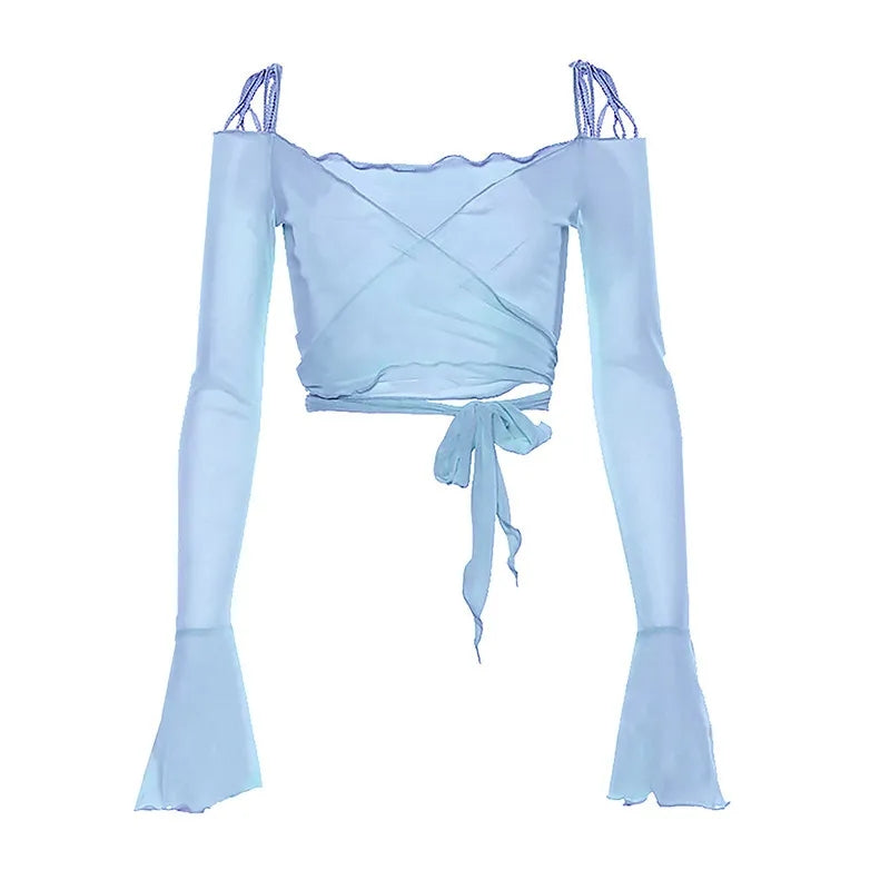 Blue See Through V Neck Bandage Long Sleeve Shirt